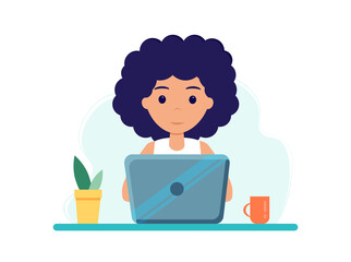 Young woman at laptop. Home office during coronavirus outbreak concept, woman works from home. Vector illustration in flat style. Stay at home