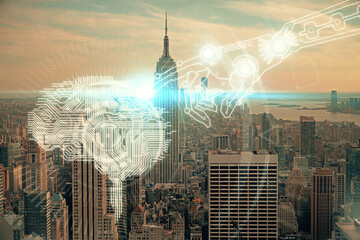 Brain hologram drawing on cityscape background multi exposure. Ai in modern city concept.