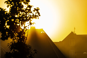 The first rays of light from the sun breaks through the morning mist over the city roof tops.