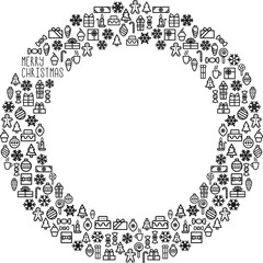 Christmas greeting wreath or frame with space for text. Linear icons tree, balls, candle, gifts, candies, snowflakes. New Year Christmas eve dinner. For greeting cards, social media, sale advertising.