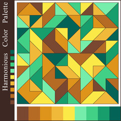 Contrast Harmonious Color Palette. Geometric Background with Mint, Cyan, Brown, Yellow Color Swatches.