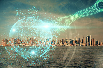 Data theme hologram drawing on city view with skyscrapers background double exposure. Technology concept.