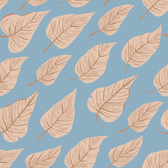 Seamless blue background with brown leaves. Vector image. Idea for wallpapers, textiles, fabrics, wrapping paper.