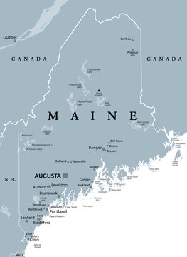 Maine, ME, gray political map with capital Augusta. Northernmost state in the United States of America, and located in the New England region. The Pine Tree State. Vacationland. Illustration. Vector.