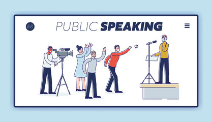 Speaking to angry public audience landing page with man presenting in front of furious people
