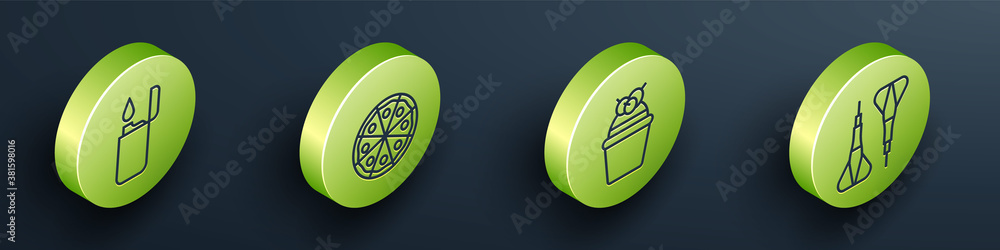 Poster set isometric lighter, pizza, cake and dart arrow icon. vector.