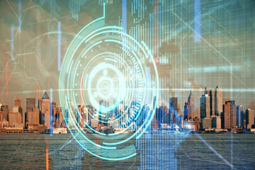Data theme hologram drawing on city view with skyscrapers background multi exposure. Bigdata concept.