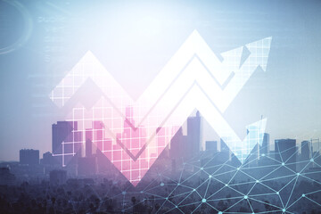 Double exposure of arrows growing up hologram and cityscape background. Concept of success.