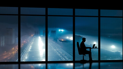 Fototapeta na wymiar The businessman sitting near a panoramic window against the night city