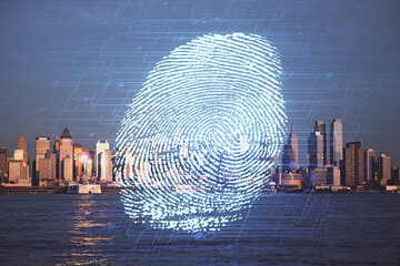 Double exposure of finger print hologram and cityscape background. Concept of personal security.