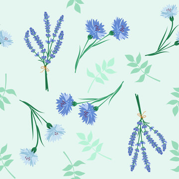 Seamless vector summer illustration with lavender and cornflowers on a turquoise background.