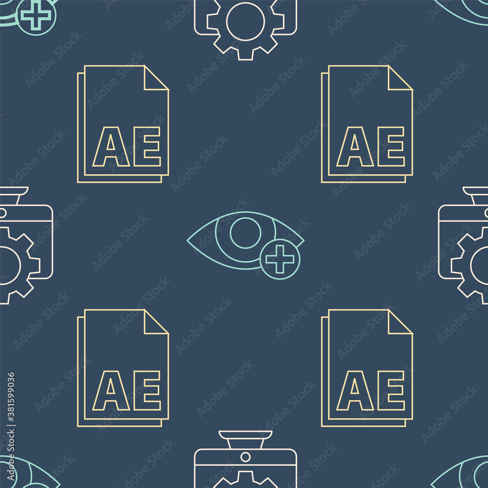 Poster set line computer monitor and gear, ae file document and red eye effect on seamless pattern. vector.