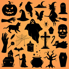 Halloween vector icon set. Collection of traditional Halloween symbols and props.