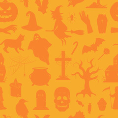 Halloween vector seamless pattern. Collection of traditional Halloween symbols and props.