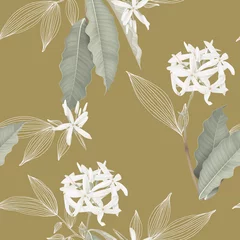 Selbstklebende Fototapeten Floral seamless pattern, Medicinal Kopsia flowers with leaves on brown © momosama