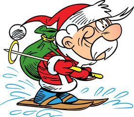 Vector illustration shows Santa Claus on skis, who hurries with a sack of New Year's gifts