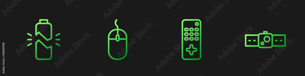 Poster set line remote control, broken battery, computer mouse and smartwatch. gradient color icons. vector
