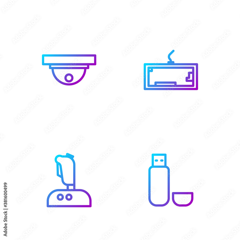 Poster set line usb flash drive, joystick for arcade machine, motion sensor and keyboard. gradient color ic