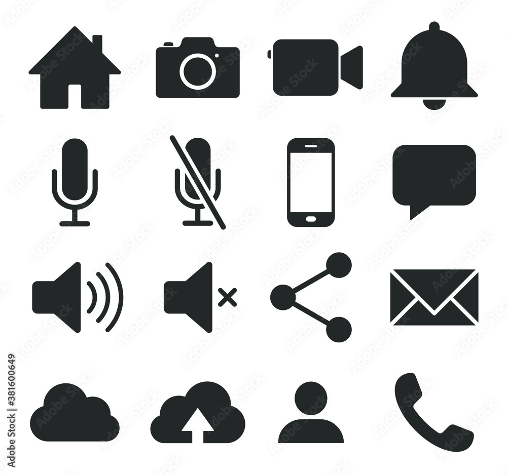 Aufkleber web application interface icon collection. vector symbol set. home, camera, camcorder and volume con