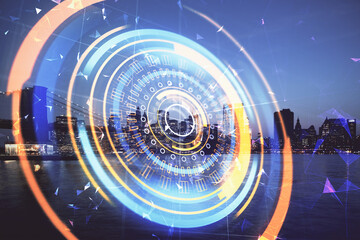 Double exposure of technology theme hologram and cityscape background. Concept of Hightech.