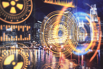 Double exposure of technology theme hologram and cityscape background. Concept of Hightech.