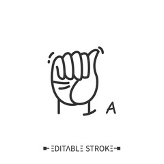 Hand gesture showing A letter line icon. Fingerspelling American language. Sign alphabet for deaf-mutes. Communication for disabled people. Mudra. Isolated vector illustration. Editable stroke