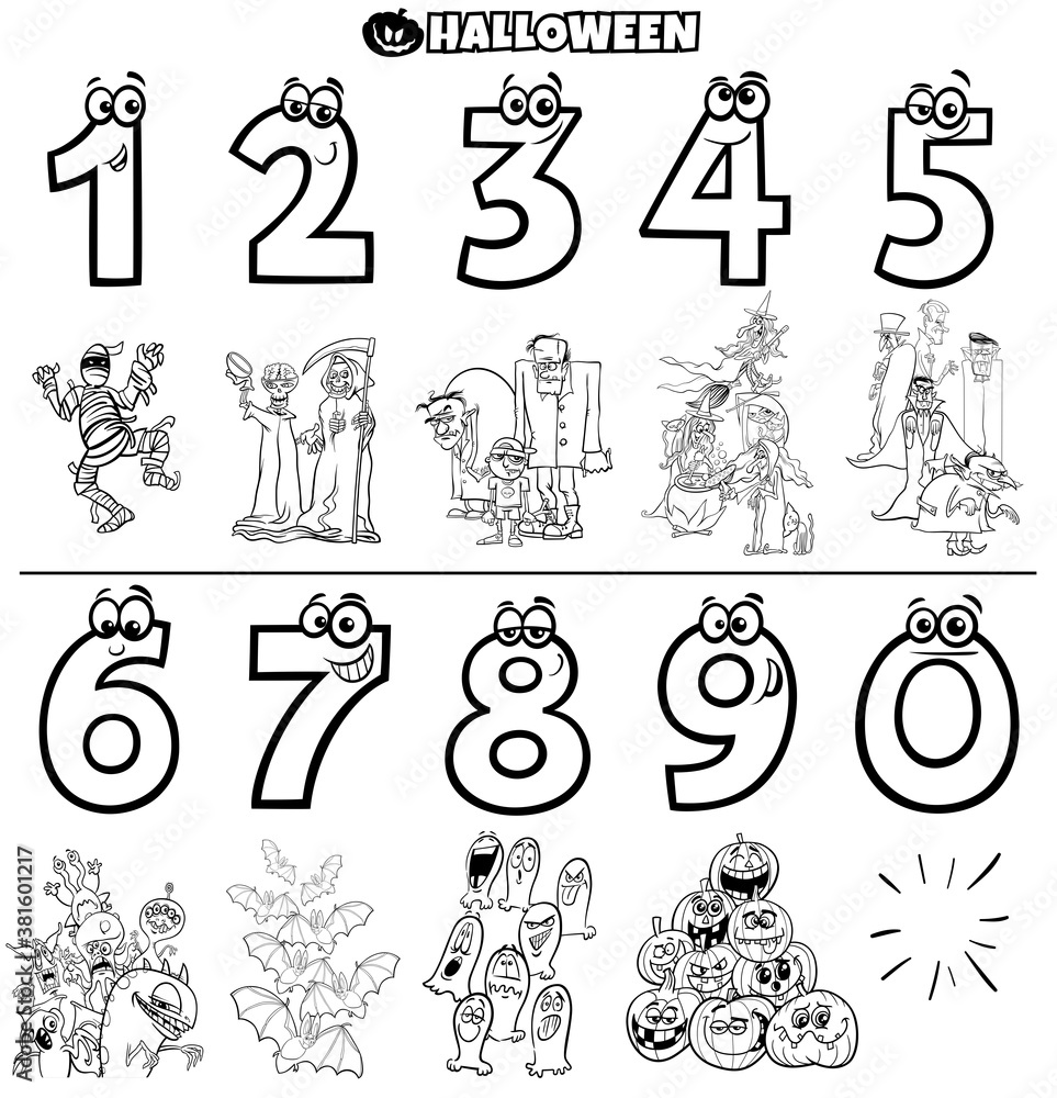 Wall mural educational numbers set with Halloween characters color book