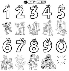 educational numbers set with Halloween characters color book