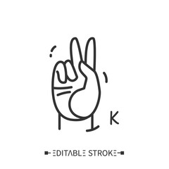 Hand gesture showing letter K line icon. Fingerspelling American sign language alphabet for deaf-mutes. Communication for disabled people.Number two sign.Isolated vector illustration.Editable stroke 