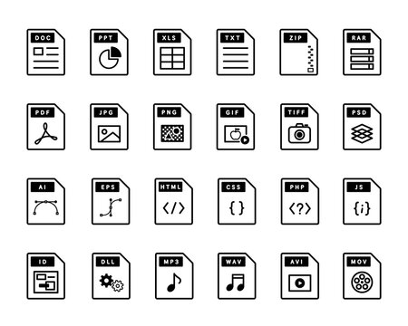 ファイル、ドキュメント、拡張子のアイコンのセット／ソフトウェア／書類／ビジネス／データ／文書／IT