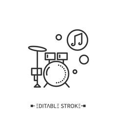 Drum kit line icon. A set of modern percussion instruments. Drums and cymbals. Classical, ethnic and contemporary music. Music from different countries. Isolated vector illustrations. Editable stroke