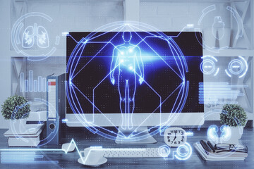 Desktop computer background and education theme drawing. Double exposure. Study concept.