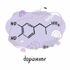Dopamine neurotransmitter molecule. Hormone formula drawn by hand on the background of abstract objects and shapes. Symbol for biology, chemistry, naturopathy, medicine. Cartoon vector illustration.