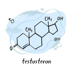 Testosterone molecule. Male gender hormone formula drawn by hand on the background of abstract objects and shapes. Symbol for biology, chemistry, naturopathy, medicine. Cartoon vector illustration.