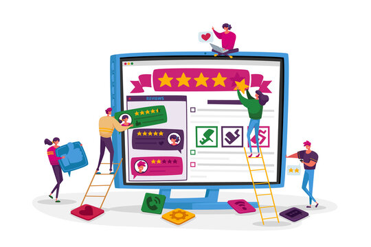 Customers Online Review, Ranking and Rating Concept. Tiny Characters Put Huge Stars on Pc Screen with Clients Feedback