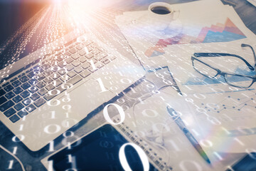 Double exposure of table with computer on background and data theme drawing. Concept of innovation.