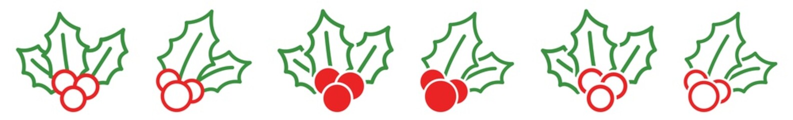 Holly Icon Red Green | Christmas Illustration | Advent Symbol | Leaves Berries Logo | Xmas Winter Sign | Isolated | Variations