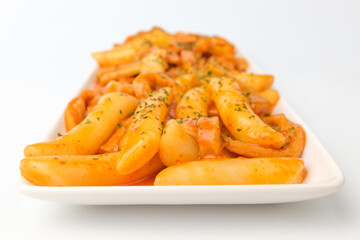 Spicy Tteokbokki on white background
