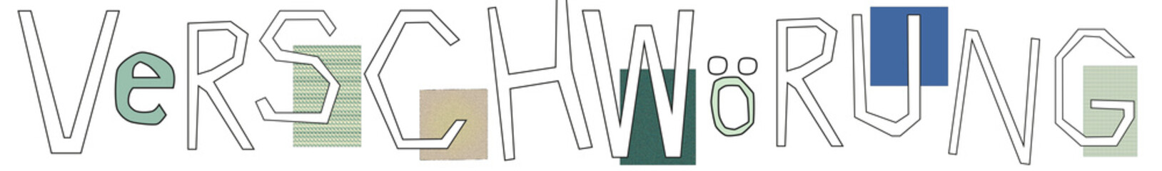 Verschwörung, geschrieben aus Buchstaben in unregelmäßiger Form mit verschiedenen Farben, grafisch design eckige Lettern