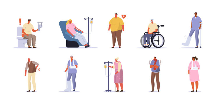 Ill Characters set. Persons having Diarrhea, Obesity, Flu, and Other different Diseases and Injuries. Sick People in Hospital. Health Care Concept. Flat Cartoon Vector Illustration.
