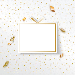 White Christmas Tree with gold serpentine and confetti, Minimalism greeting card