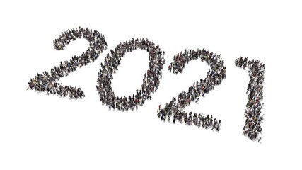 People gathering into crows forming text spelling 2021 
