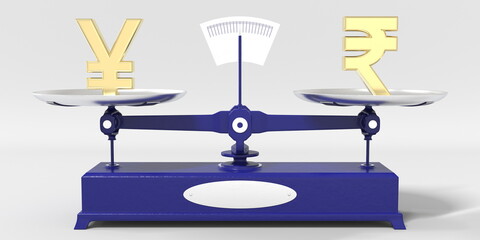 Yen symbol weighs the same as Rupee sign on balance scales. Financial market conceptual 3d rendering