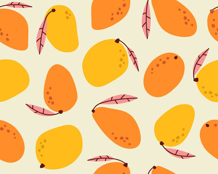 Seamless pattern of yellow and orange mango background elements on a beige background. Set with hand-drawn mango doodles. Colorful background texture for kitchen, wallpaper, textile, fabric, paper. 