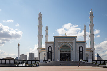 View of Hazret Sultan Mosque on a cloudy day in Nur-Sultan, the capital of Kazakhstan.