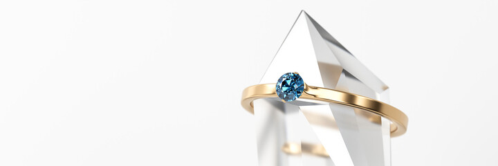 Blue sapphire diamond ring put in a crystal soft focus 3d rendering 