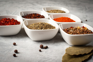 Spices in bowls on a gray concrete background.
