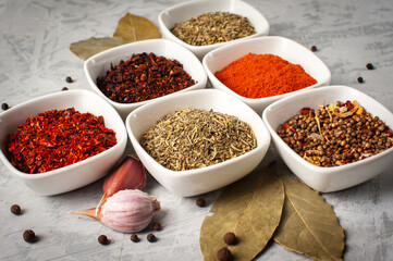 Spices in bowls on a gray concrete background.