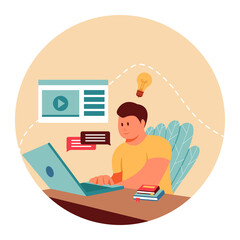 men study e-learning videos on the internet from a laptop flat illustration concept design