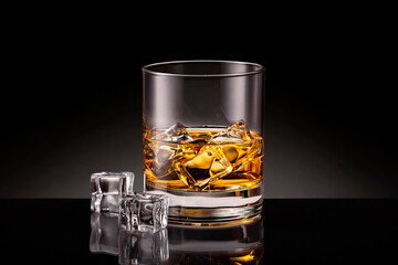 Glass of whiskey with ice cubes on black background.